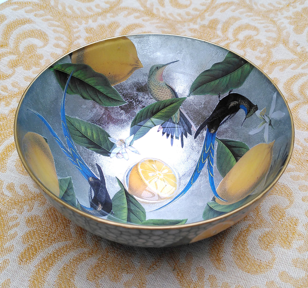 Decoupage Bowl: Lemons and Hummingbirds - Alex Stewart Carter